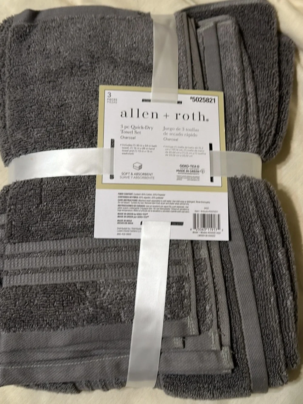 NWT allen + roth 3 Pc Quick-Dry Towel Set Charcoal Grey Bath Hand Washcloth #502